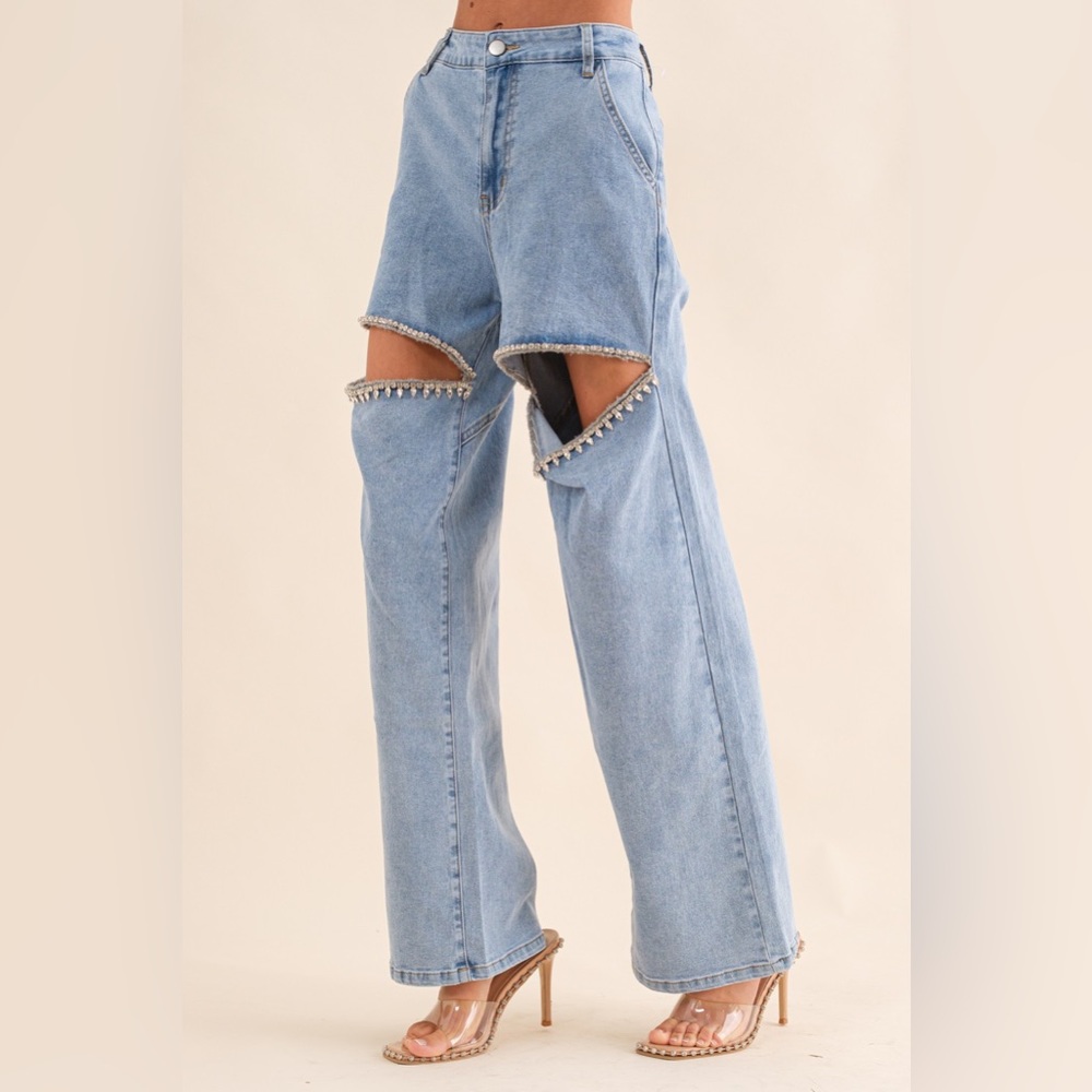 Jeweled Cut Out Jeans in Blue